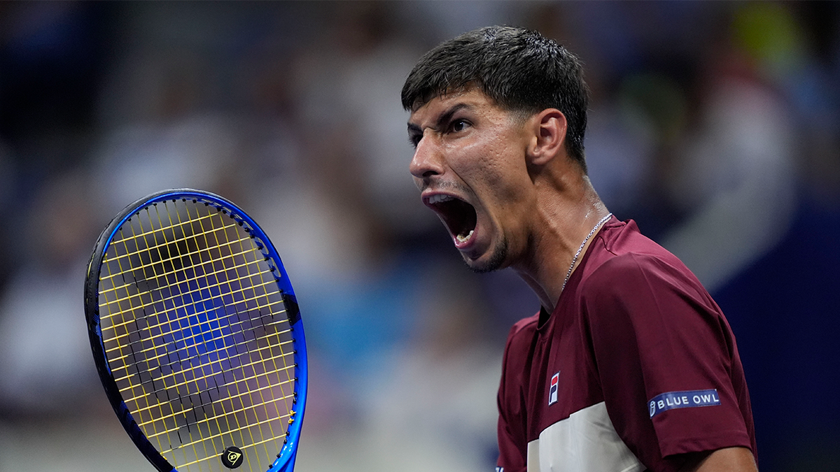 Alexei Popyrin, of Australia, reacts against Novak Djokovic, of Serbia, during a third round match of the U.S. Open tennis championships, Friday, Aug. 30, 2024, in New York.