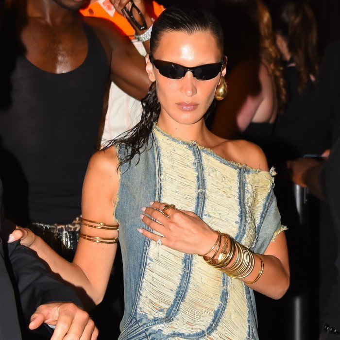 Model Bella Hadid wears a vintage denim T-shirt 