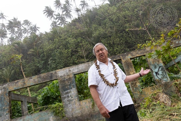 UN Secretary-General António Guterres visits a house in Lalomanu that has been abandoned due to storm damage and flooding as a result of climate change during his trip to Samoa. Credit: UN Photo/Kiara Worth