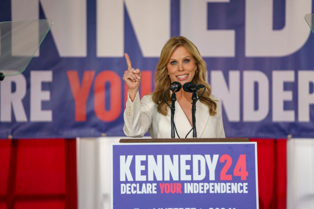 Cheryl Hines introduces her husband Presidential Candidate Robert F. Kennedy Jr. at a press conference on October 9, 2023 in Philadelphia, Pennsylvania.