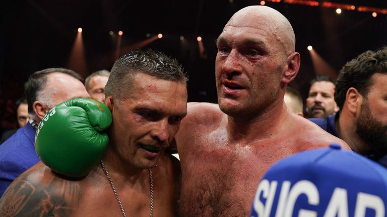 Oleksandr Usyk and Tyson Fury embrace after the final bell (pic: Queensberry)