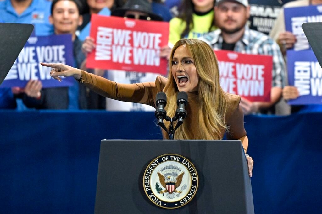 Jennifer Lopez speaks during a campaign rally for US Vice President 