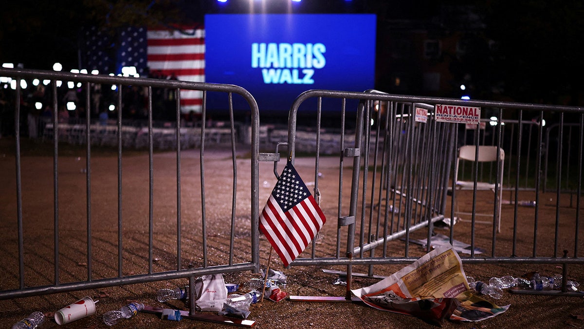 A flag is left at the event held by Democratic presidential nominee Vice President Kamala Harris during Election Night at Howard University