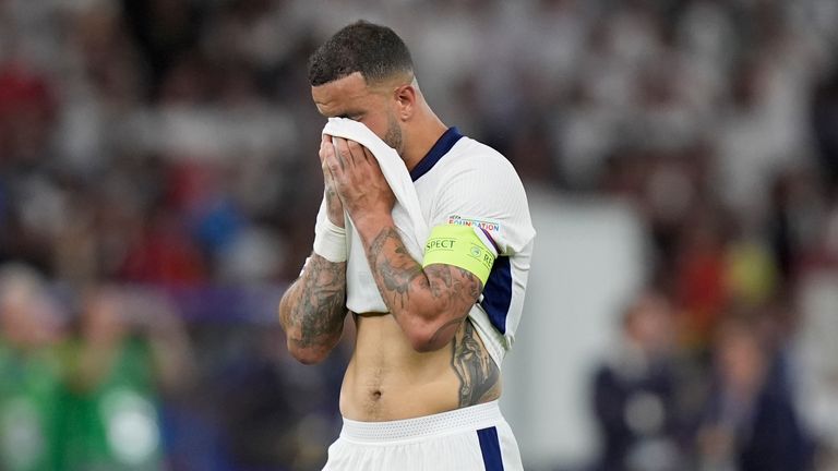 England's Kyle Walker reacts after Spain won the final match between Spain and England at the Euro 2024 soccer tournament in Berlin, Germany, Sunday, July 14, 2024. (AP Photo/Matthias Schrader)