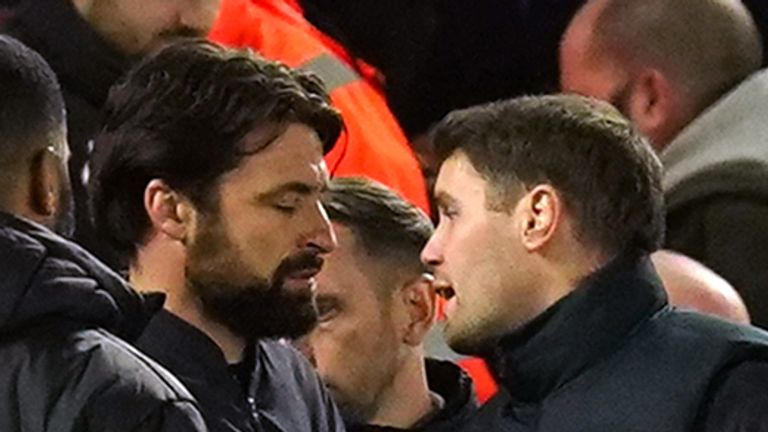 Southampton manager Russell Martin and Brighton and Hove Albion manager Fabian Hurzeler react following the Premier League match at the American Express Stadium, Brighton and Hove. Picture date: Friday November 29, 2024.