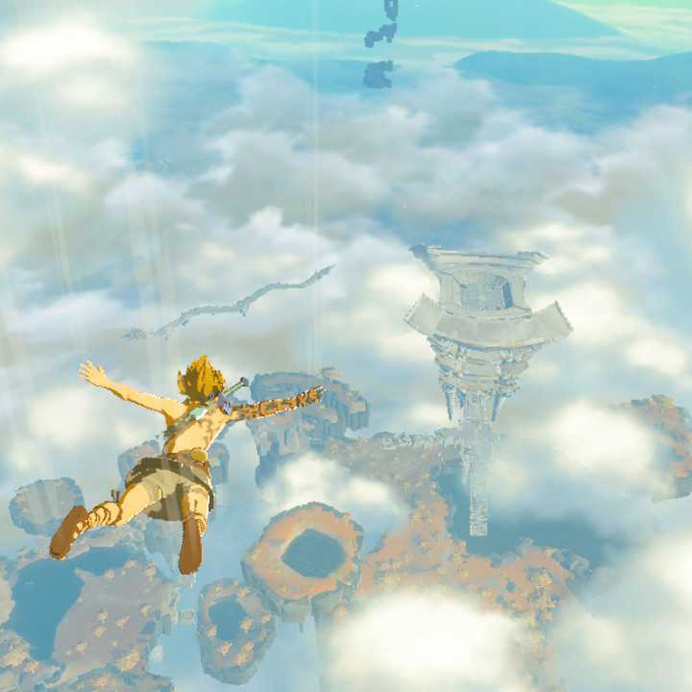 Screenshot from Tears of the Kingdom featuring Link, a blond-haired slight build man, falling through the sky as Hyrule unfolds below him.