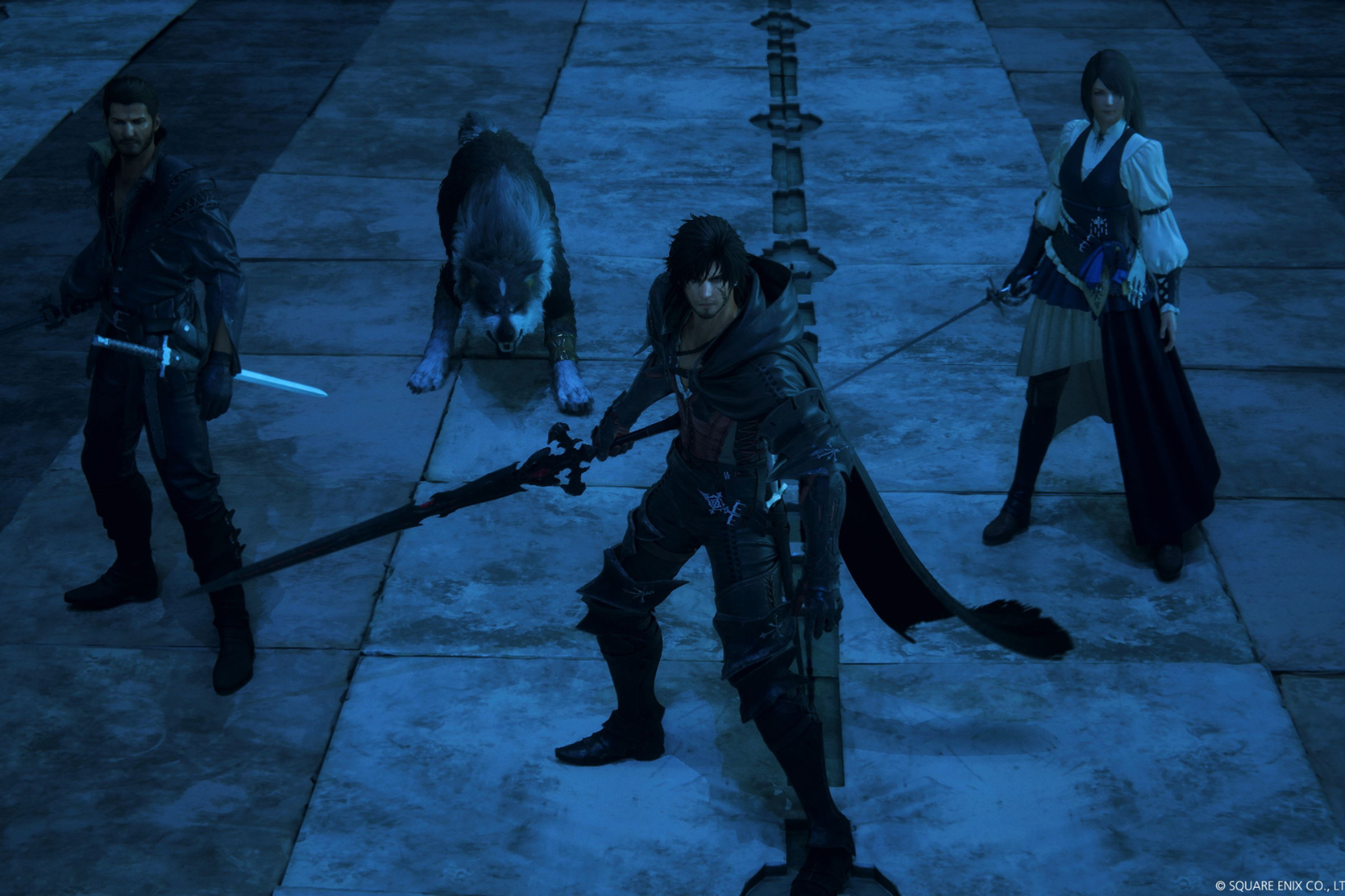 Screenshot from Final Fantasy XVI featuring Cid, Torgal the wolf, Clive, and Jill