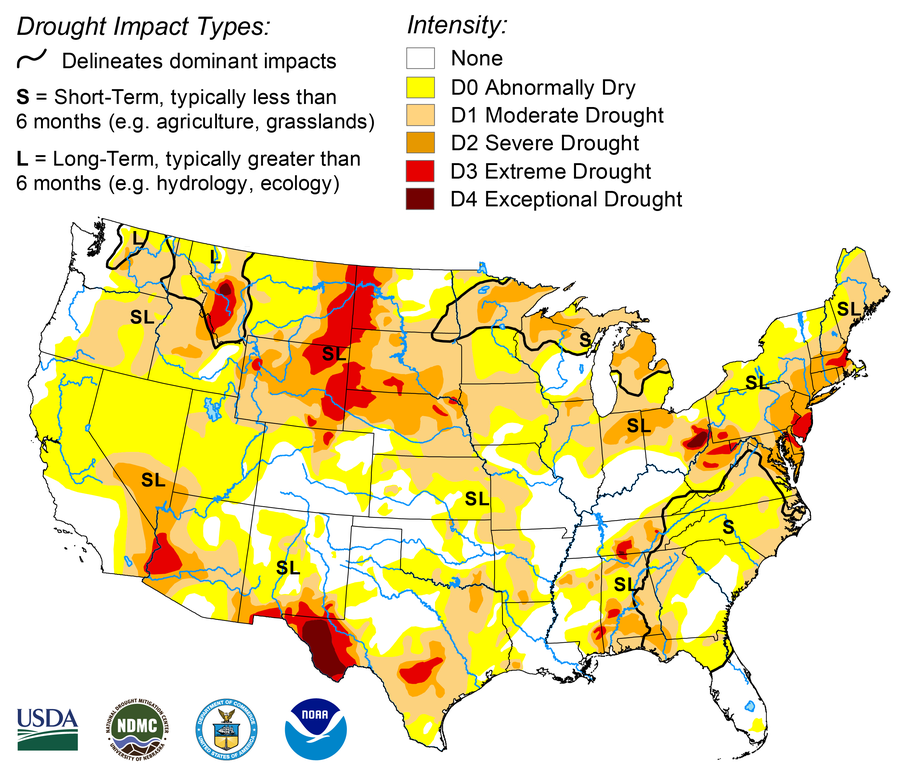 Map of the contiguous 48 states shows where drought is occurring and how severe it is in each area.