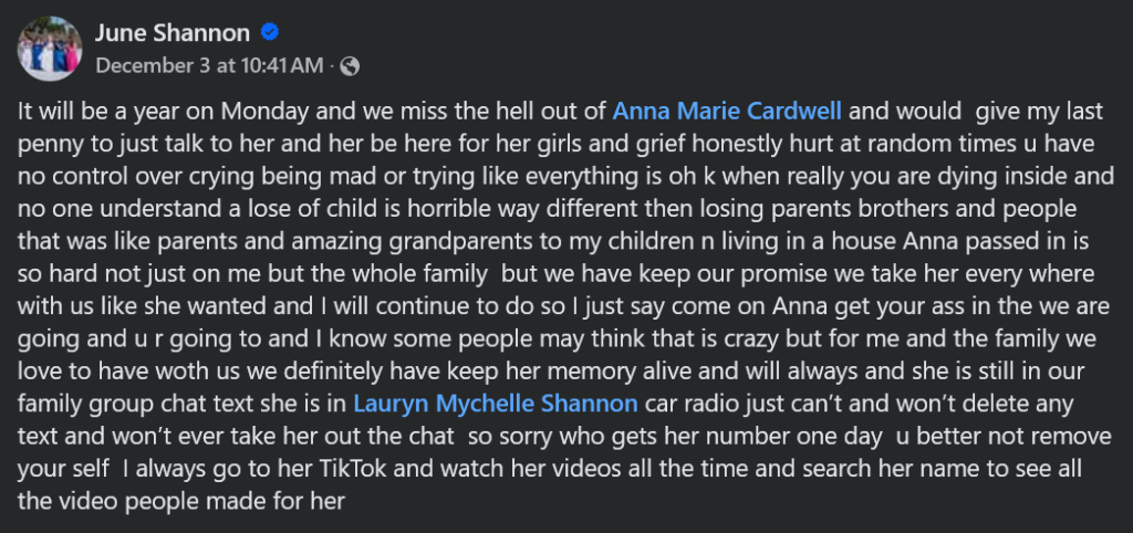 A dark mode screenshot of Mama June Shannon's Facebook post.