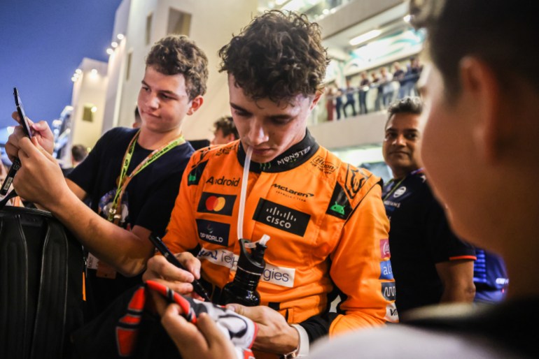 Lando Norris of McLaren is seen in the paddock after Practice 2 ahead of Formula 1 Abu Dhabi Grand Prix at Yas Marina Circuit on December 6th, 2024 in Abu Dhabi, United Arab Emirates. (Photo by Beata Zawrzel/NurPhoto via Getty Images)