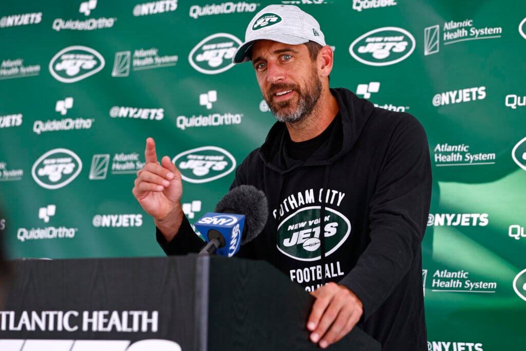 Aaron Rodgers of the New York Jets talks to reporters after training camp at Atlantic Health Jets Training Center on July 26, 2023 in Florham Park, New Jersey.