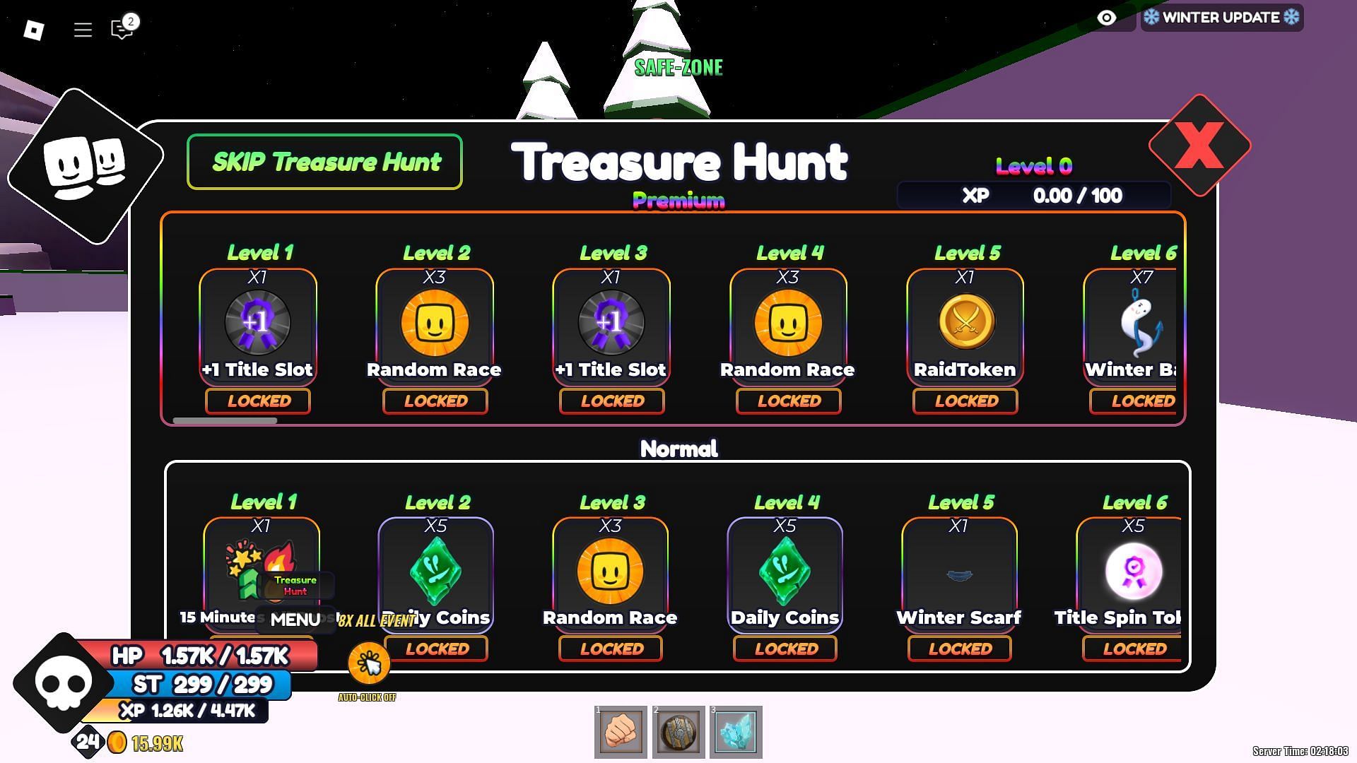 A list of all the rewards in One Fruit Simulator Winter Treasure Hunt (Image via Roblox)