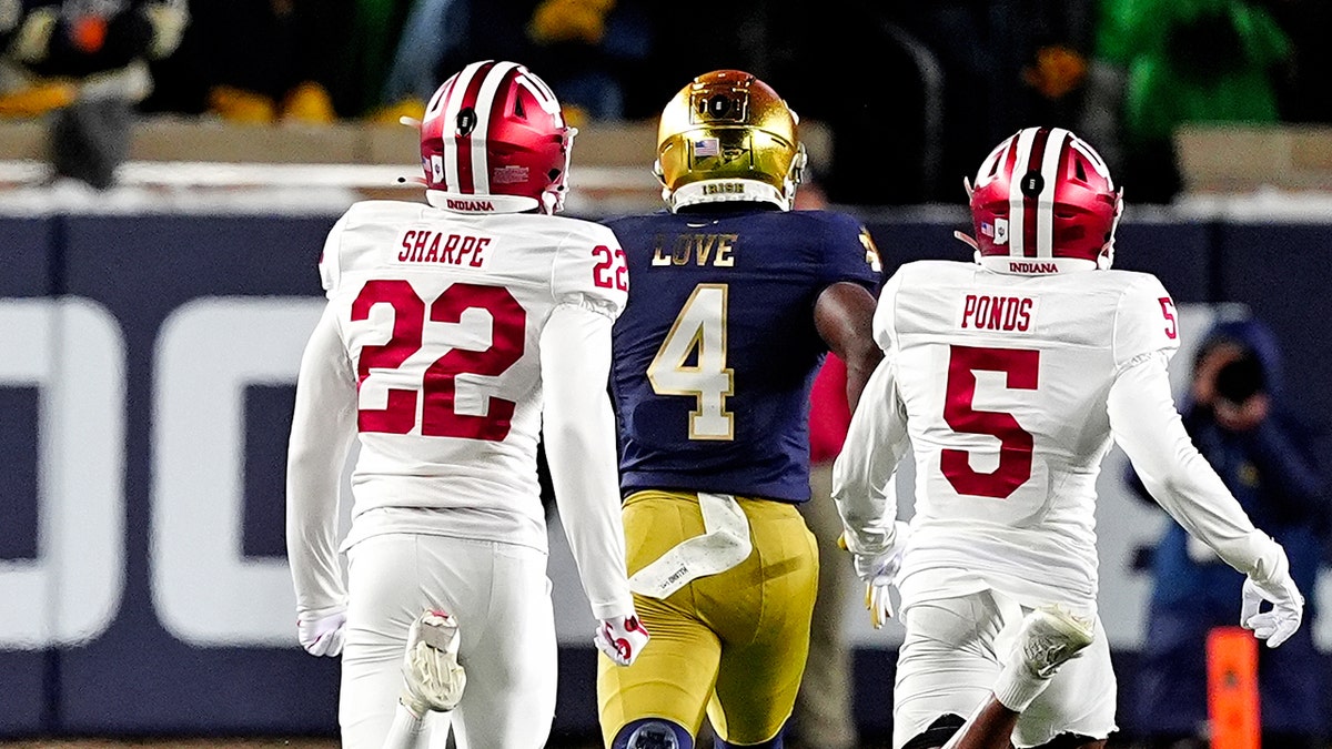 FILE: Notre Dame Fighting Irish running back Jeremiyah Love (4) breaks a 98 yard run for a touchdown against the Indiana Hoosiers on December 20, 2024, during the CFP First Round playoff game at Notre Dame Stadium in South Bend, Indiana. 