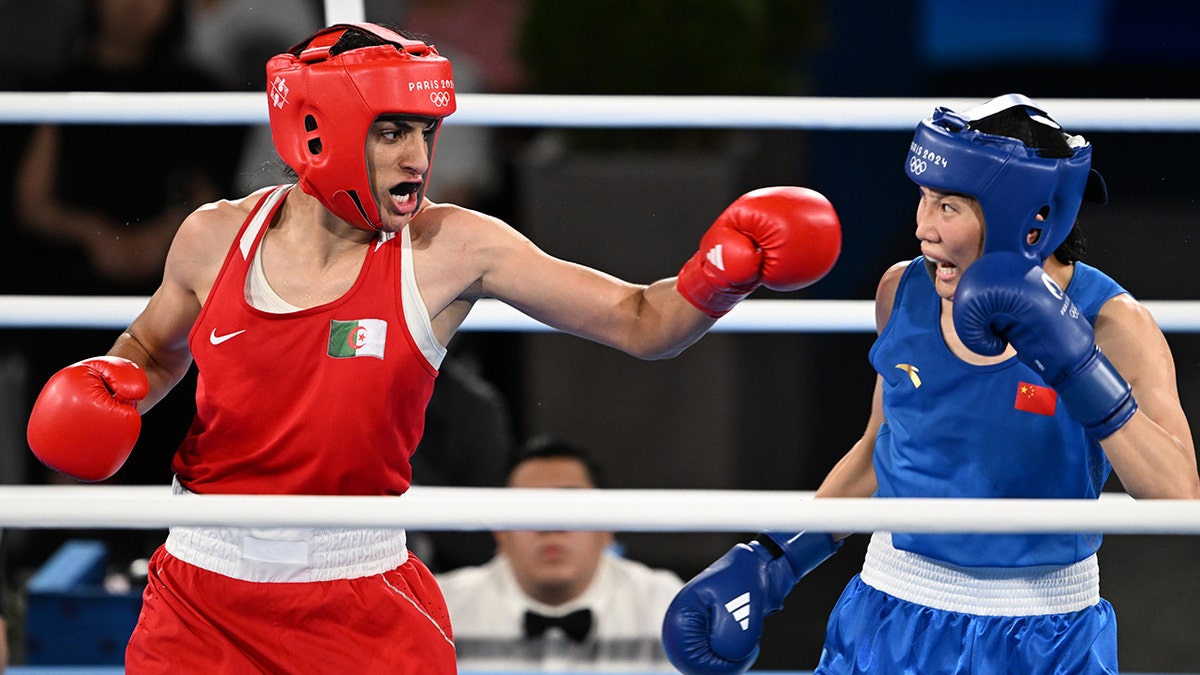 Imane Khelif of Algeria, left, fights Liu Yang of China in the women's gold medal match at the 2024 Paris Games.