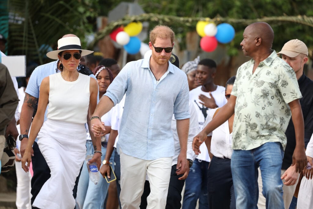 Prince Harry, Duke of Sussex and Meghan, Duchess of Sussex are seen in the streets of San Basilio de Palenque during a visit around Colombia on August 17, 2024 in Cartagena, Colombia.