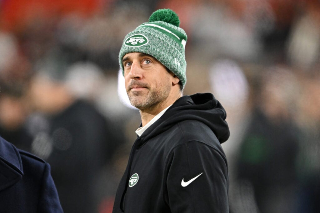 Aaron Rodgers of the New York Jets looks on prior to playing the Cleveland Browns at Cleveland Browns Stadium on December 28, 2023 in Cleveland, Ohio.