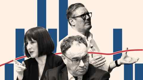 Montage shows Rachel Reeves, Andrew Bailey and Sir Keir Starmer against a data backdrop