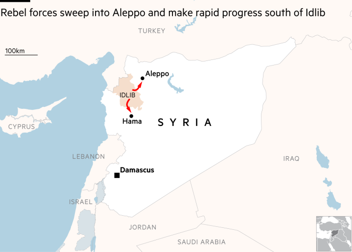 A map of Syria showing how rebel forces have swept into Aleppo from Idlib and made rapid progress further south