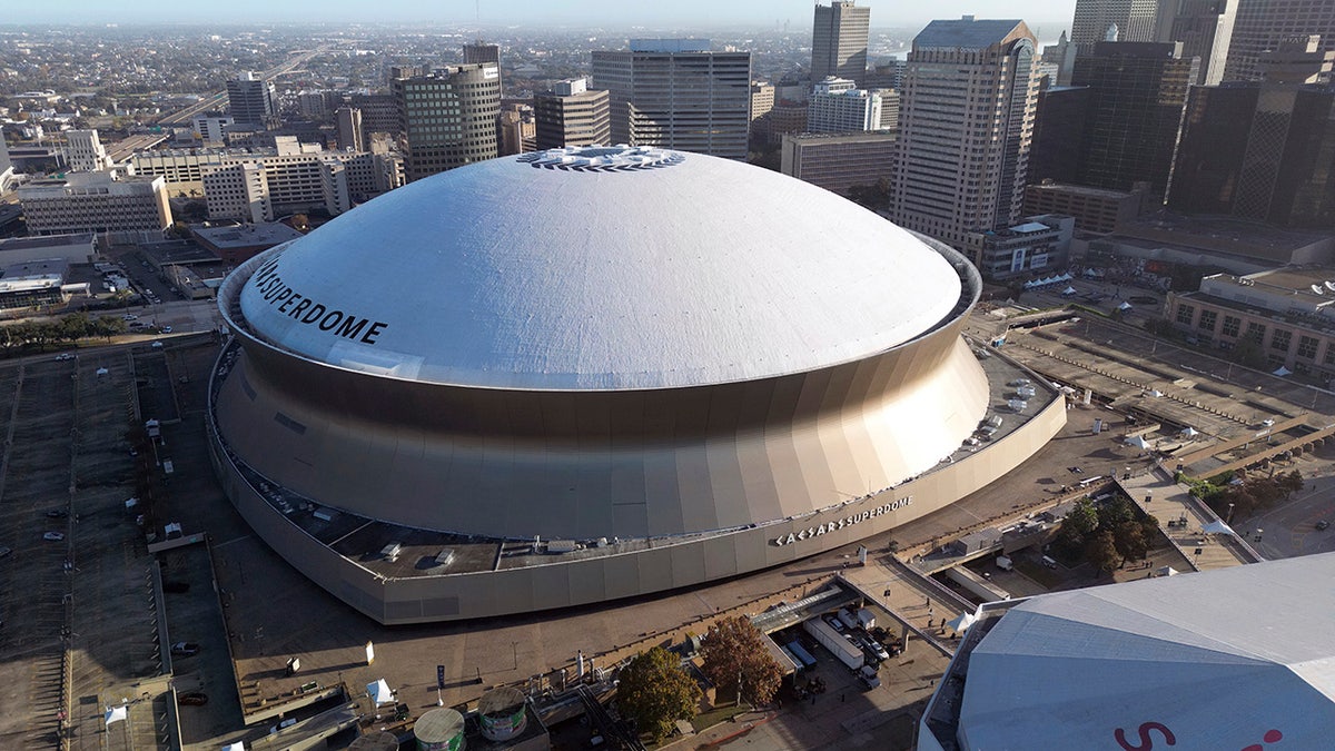 An aerial overall exterior general view of Caesars Superdome, Sunday, Dec. 15, 2024, in New Orleans. (AP Photo/Tyler Kaufman)