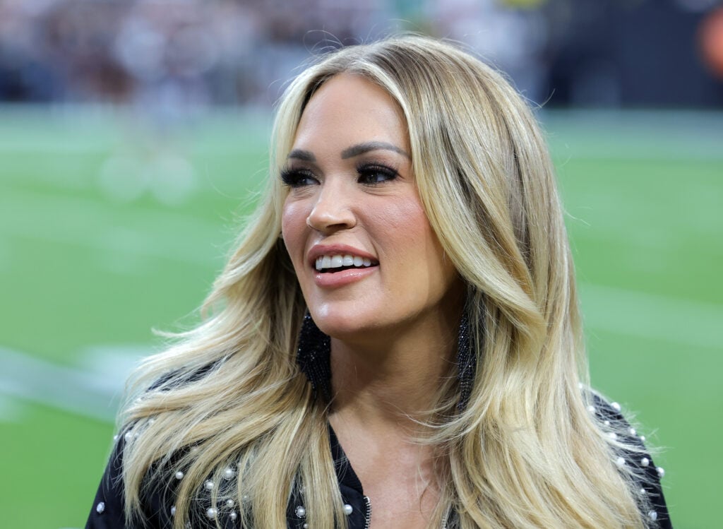 Carrie Underwood talks during the NBC Sunday Night Football broadcast before a game between the Pittsburgh Steelers and the Las Vegas Raiders at Allegiant Stadium on September 24, 2023 in Las Vegas, Nevada.