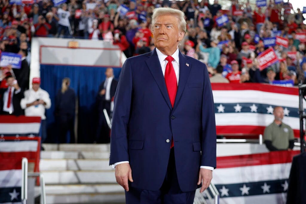 Donald Trump takes the stage during a campaign rally at the J.S. Dorton Arena on November 04, 2024 in Raleigh, North Carolina.