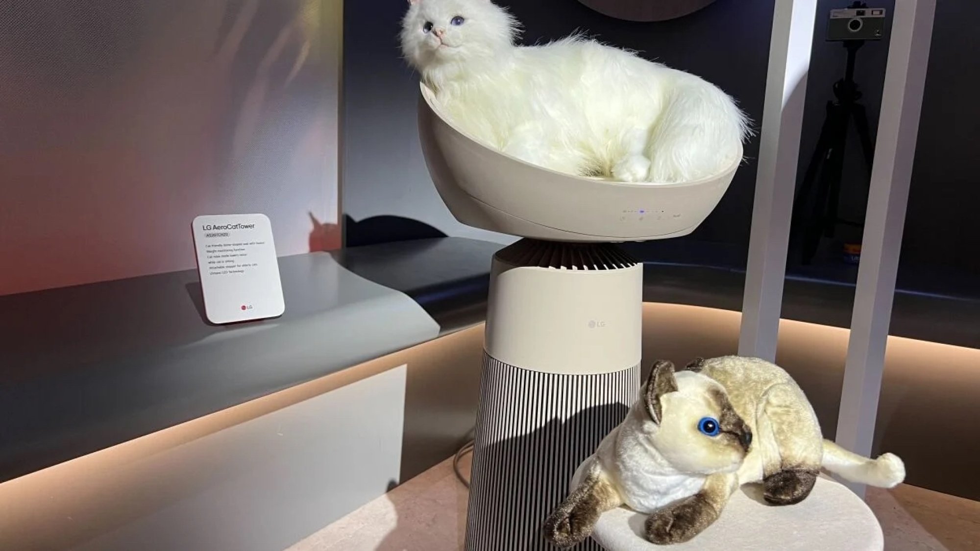 LG's AeroCatTower displayed with fake cats at CES.