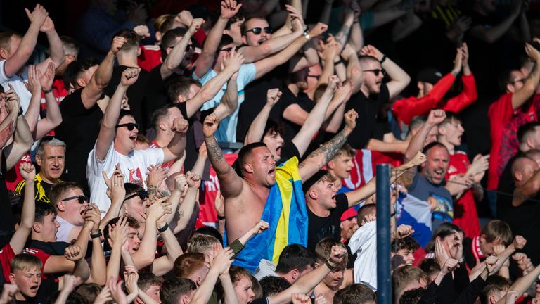 DINGWALL, SCOTLAND - AUGUTS 31: Aberdeen fans during a William Hill Premiership match between Ross County and Aberdeen at the Global Energy Stadium, on August 31, 2024, in Dingwall, Scotland. (Photo by Mark Scates / SNS Group)