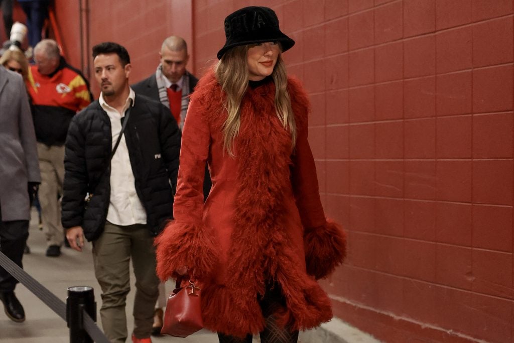 Taylor Swift looks on prior to a game between the Kansas City Chiefs and the Houston Texans at GEHA Field at Arrowhead Stadium on December 21, 2024 in Kansas City, Missouri.