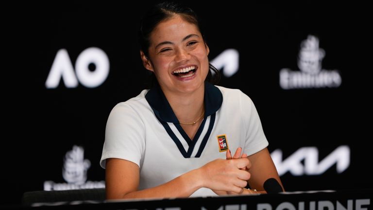 Britain's Emma Raducanu reacts during a press conference ahead of the Australian Open tennis championship in Melbourne, Australia, Friday, Jan. 10, 2025. (AP Photo/Ng Han Guan)