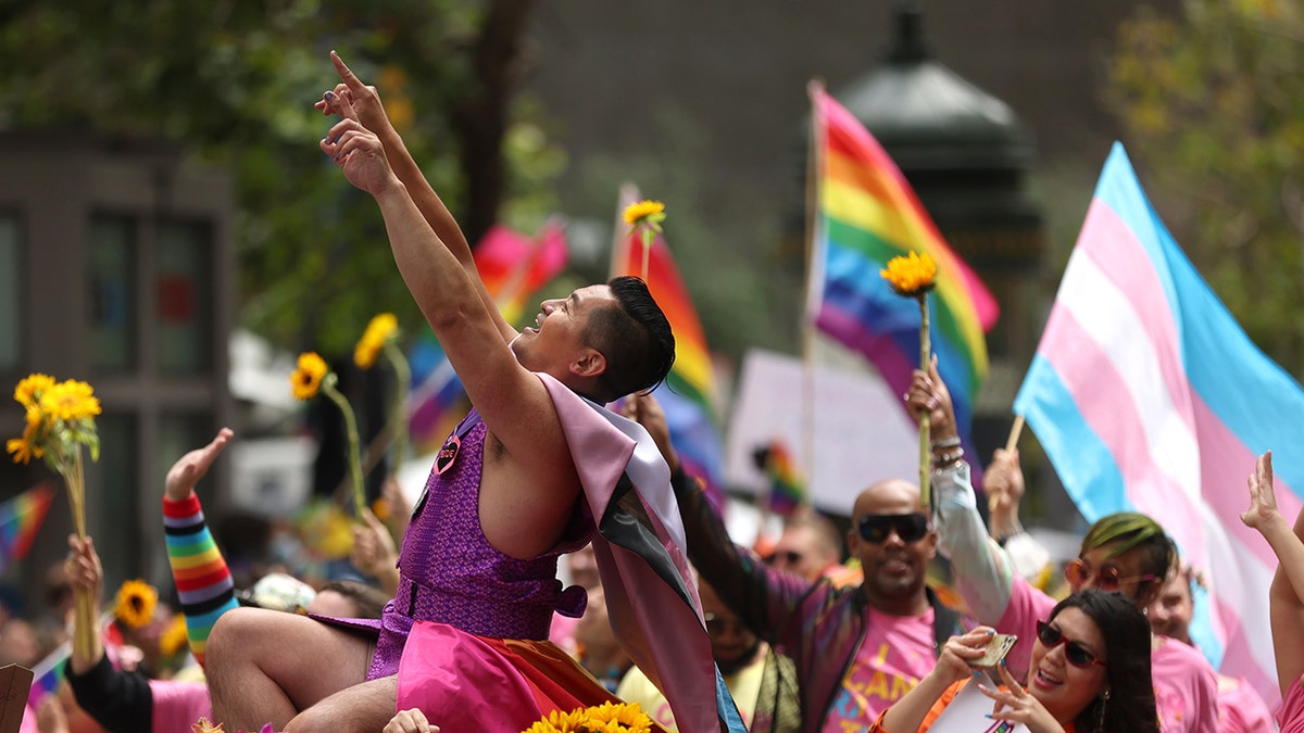 San Francisco pride parade goers with rainbow flags