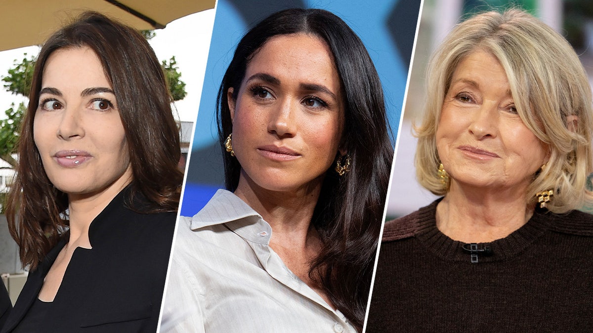 A split side-by-side image of Nigella Lawson, Meghan Markle, and Martha Stewart