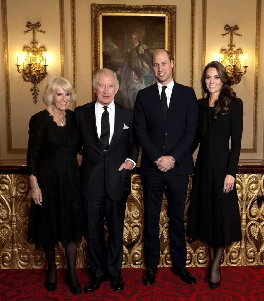 Camilla, Queen Consort, King Charles III, Prince William, Prince of Wales and Catherine, Princess of Wales pose for a photo ahead of their Majesties the King and the Queen Consort’s reception for Heads of State and Official Overseas Guests at Buckingham Palace on September 18, 2022 in London, England.