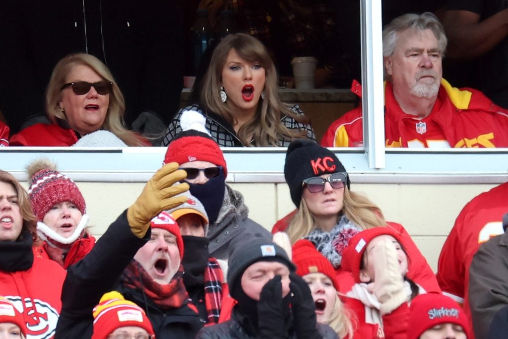 Singer-songwriter Taylor Swift reacts during the first quarter in the AFC Divisional Playoff between the Houston Texans and the Kansas City Chiefs at GEHA Field at Arrowhead Stadium on January 18, 2025 in Kansas City, Missouri. 