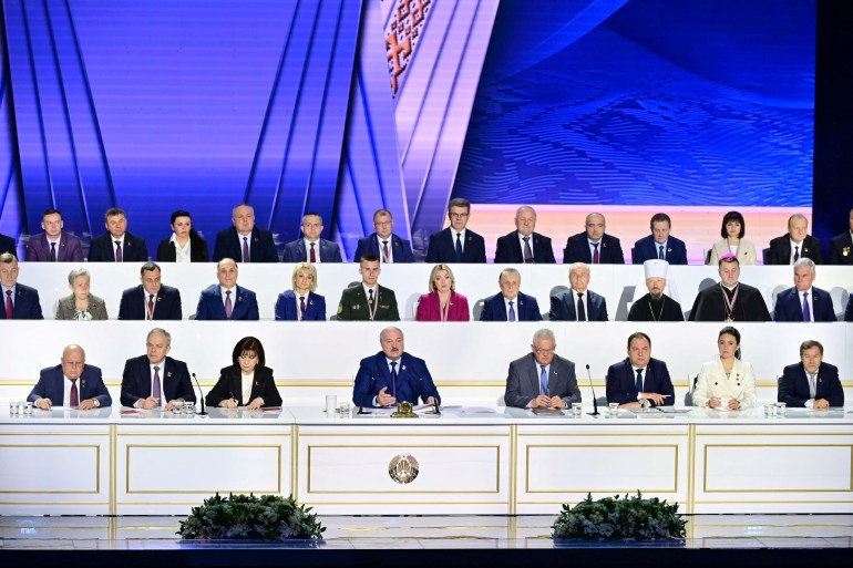 Belarusian President Alexander Lukashenko addresses the Belarusian People's Congress in Minsk, Belarus April 25, 2024. Press Service of the President of the Republic of Belarus/Handout via REUTERS ATTENTION EDITORS - THIS IMAGE WAS PROVIDED BY A THIRD PARTY. MANDATORY CREDIT.