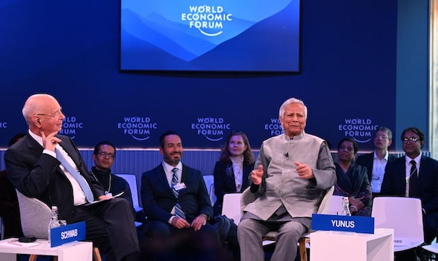 Bangladesh Chief Adviser Professor Muhammad Yunus with World Economic Forum Founder and Chair Klaus Schwab. Credit: Press InformationDepartment, Bangladesh