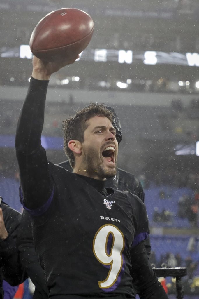 Justin Tucker #9 of the Baltimore Ravens celebrates after kicking the game winning field goal against the San Francisco 49ers after the game at M&T Bank Stadium on December 1, 2019 in Baltimore, Maryland.