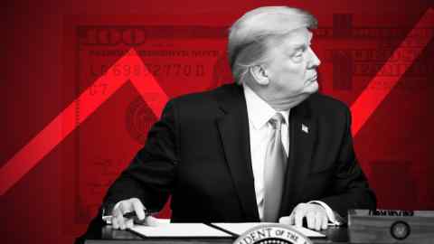 Montage of Donald Trump signing an executive order with a line chart and hundred-dollar note graphic in the background