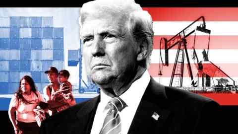 Shipping containers; oil pump jack in Texas, Mexican immigrants; Trump