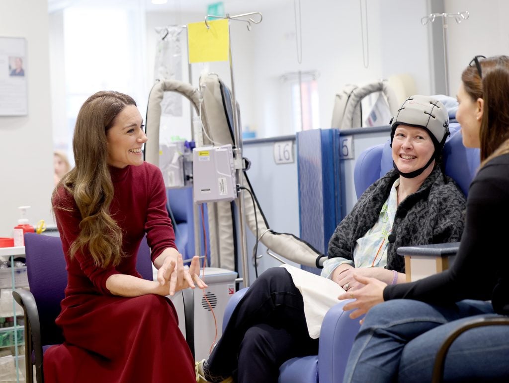 Catherine, Princess of Wales talks with Katherine Field during a visit to The Royal Marsden Hospital on January 14, 2025 in London, England.