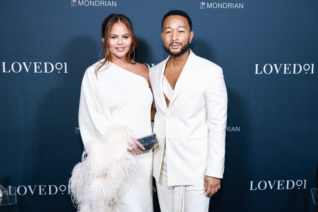 Chrissy Teigen and John Legend attend the LOVED01: Skincare by John Legend launch event at Skybar on March 07, 2023 in West Hollywood, California.