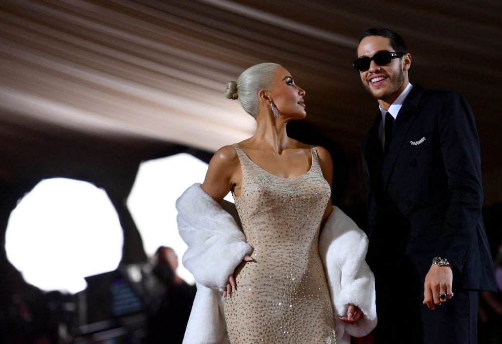 US socialite Kim Kardashian and comedian Pete Davidson arrive for the 2022 Met Gala at the Metropolitan Museum of Art on May 2, 2022, in New York.