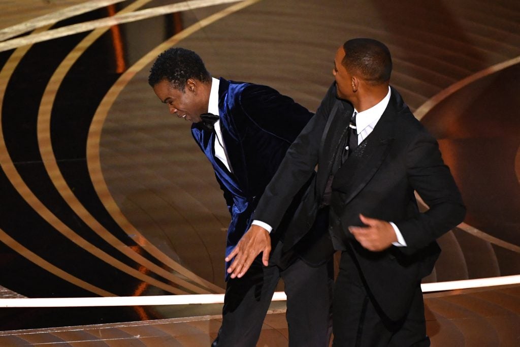 US actor Will Smith slaps US actor Chris Rock onstage during the 94th Oscars at the Dolby Theatre in Hollywood, California on March 27
</p>
</div></div><div class=