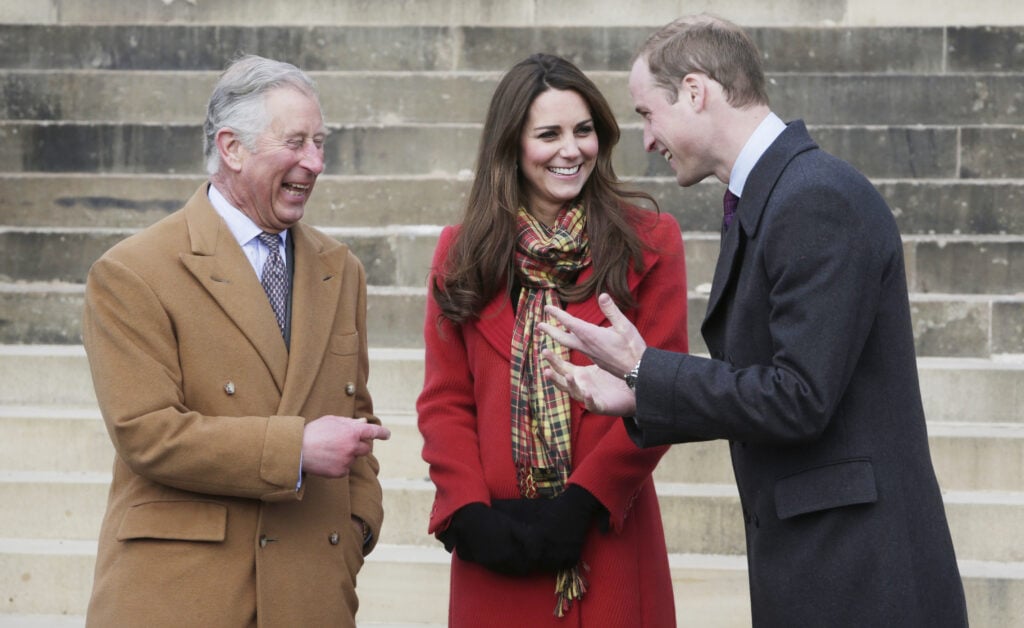 Prince Charles, Prince of Wales, known as the Duke of Rothesay, Catherine, Duchess of Cambridge, known as the Countess of Strathearn, and Prince William, Duke of Cambridge, known as the Earl of Strathearn, when in Scotland during a visit to Dumfries House on March 05, 2013 in Ayrshire, Scotland.