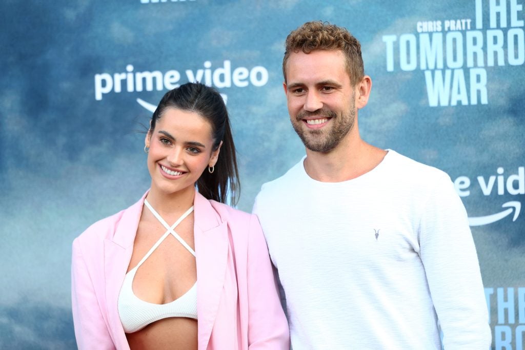 Natalie Joy and Nick Viall attend the premiere of Amazon's "The Tomorrow War" at Banc of California Stadium on June 30, 2021 in Los Angeles, California. 