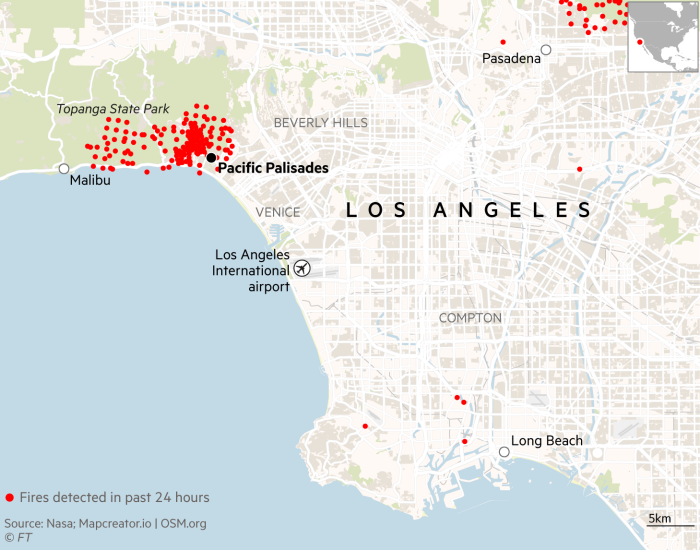 Map of Los Angeles showing active wildfires in the past 24 hours. More than 2,900 acres had burnt in the hills around Pacific Palisades, an affluent coastal community with some of the most expensive property in the US