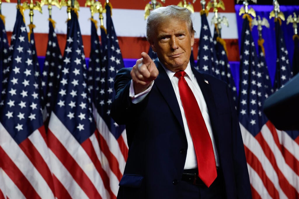 Donald Trump arrives to speak during an election night event at the Palm Beach Convention Center on November 06, 2024 in West Palm Beach, Florida.