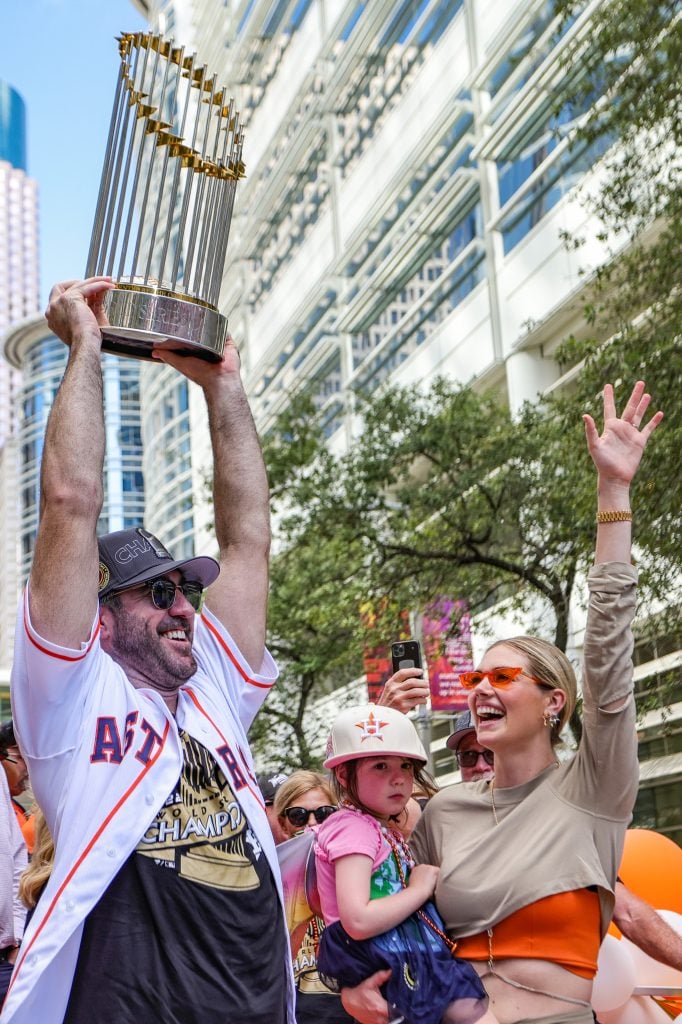 Justin Verlander #35 of the Houston Astros, and wife Kate Upton,  participate in the World Series Parade on November 07, 2022 in Houston, Texas.