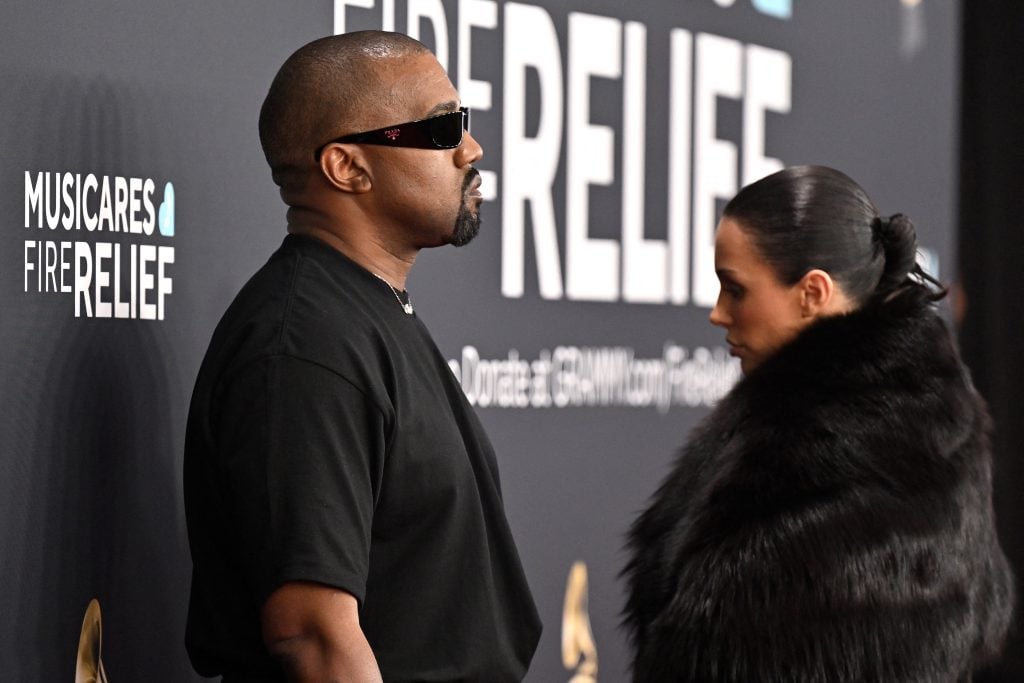 US rapper and producer Kanye West and Australian model Bianca Censori arrive for the 67th Annual Grammy Awards at the Crypto.com Arena in Los Angeles on February 2, 2025. 