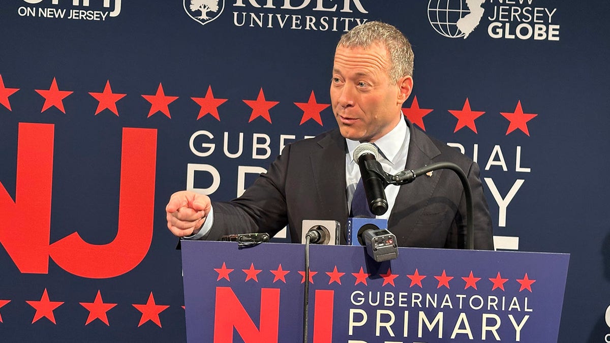 Rep. Josh Gottheimer speaks after the Democratic gubernatorial debate at Rider University in Lawrenceville, New Jersey, on Feb. 2, 2025.