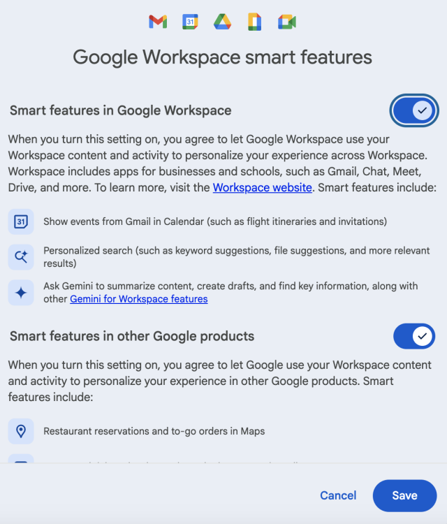 A screenshot of Google Workspace smart feature settings.